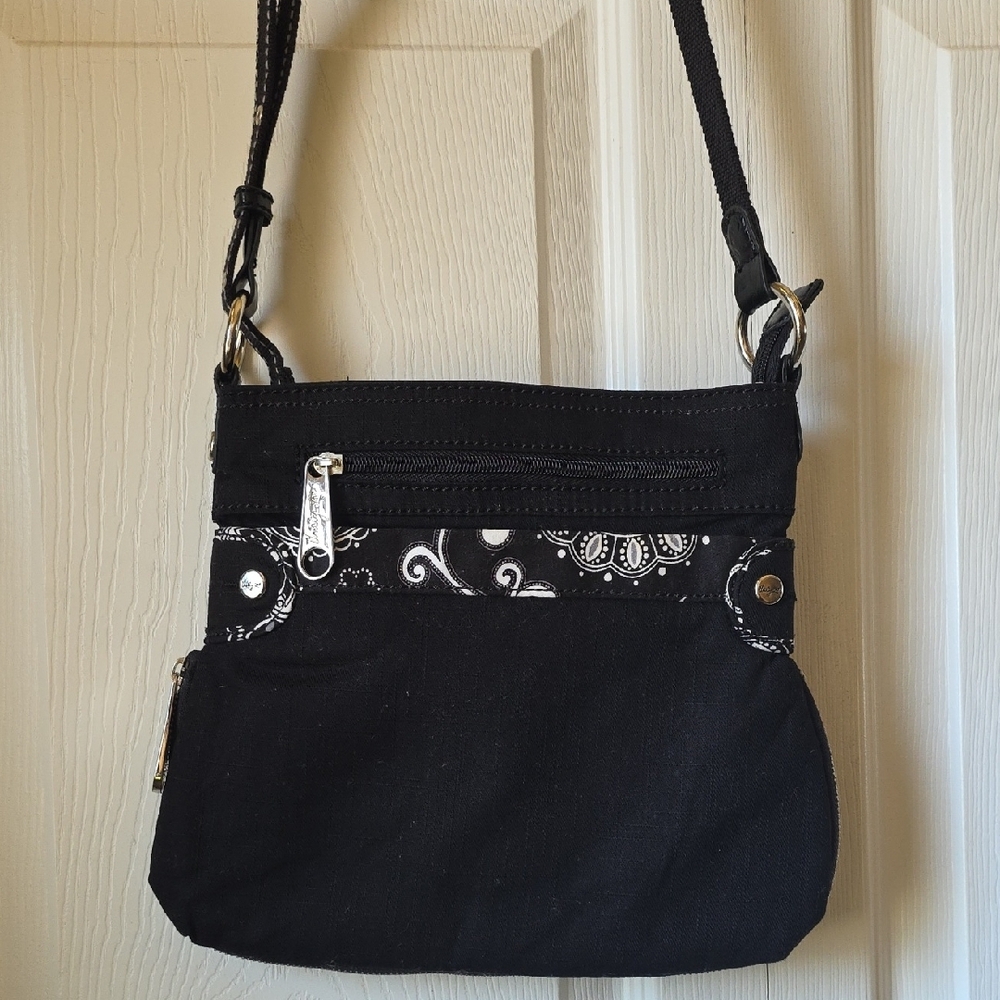 Thirty-One Elegant Black Crossbody Bag with Paisley Detail